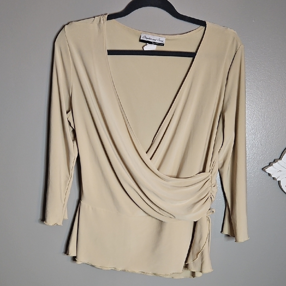 Cream Ruched Wrap Blouse with 3/4 Sleeves